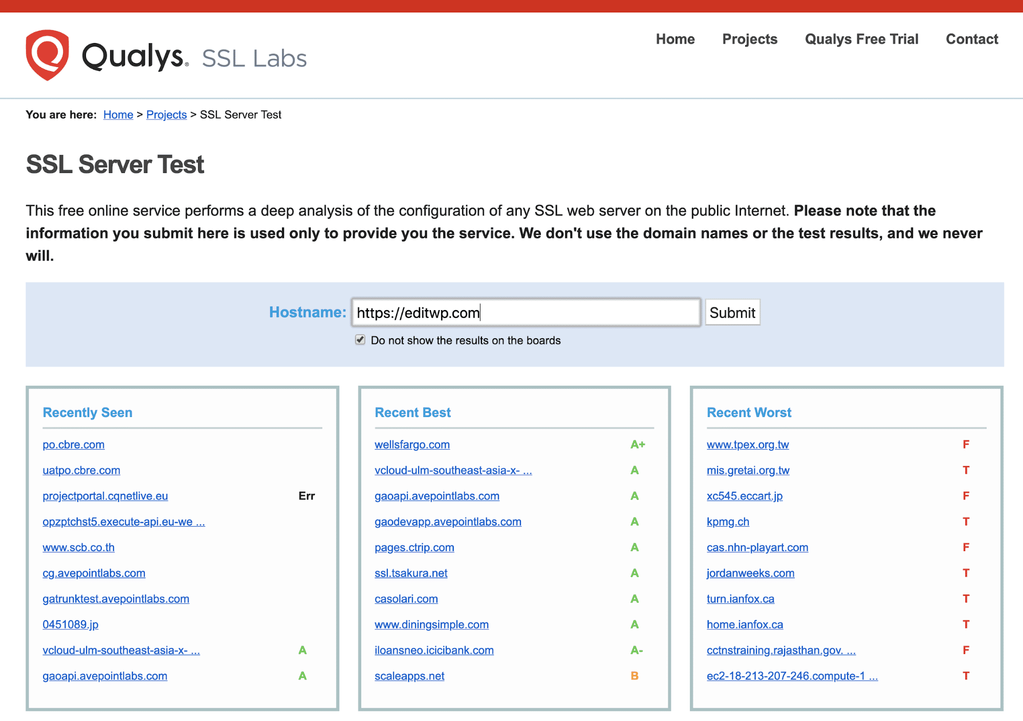 Schermata del test del server SSL di Qualys