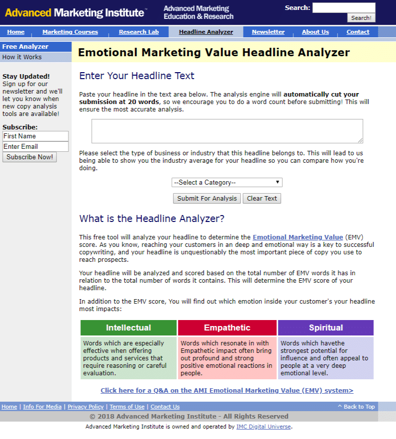 I migliori strumenti di analisi delle headline: Advanced Marketing Institute Headline Analyzer