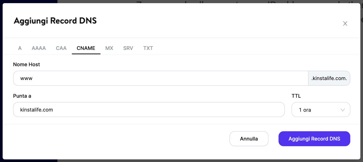 Aggiungere un record CNAME
