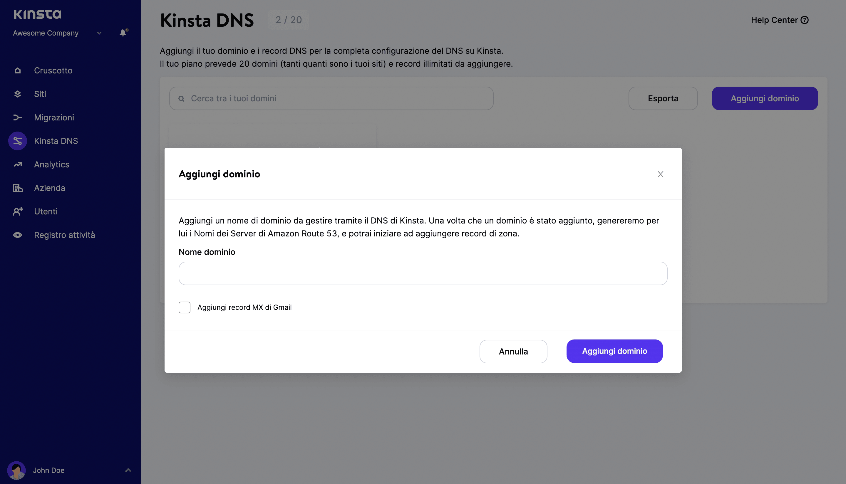 Aggiungere un dominio al DNS
