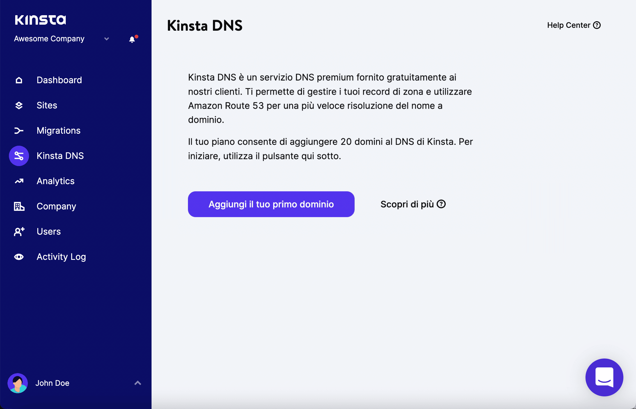 Aggiungere il primo record DNS in MyKinsta