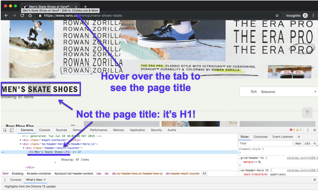 Titolo pagina rispetto a H1 in Chrome