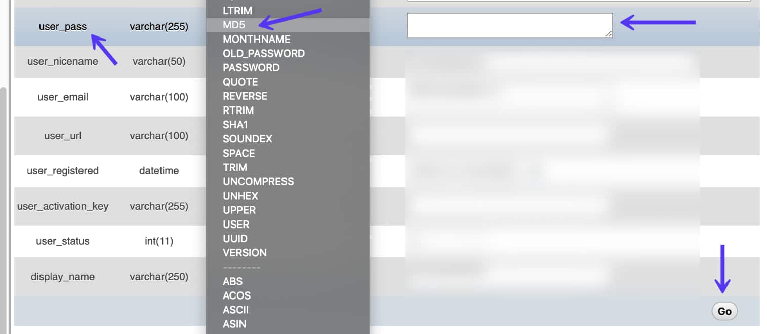 Reset password in phpMyAdmin