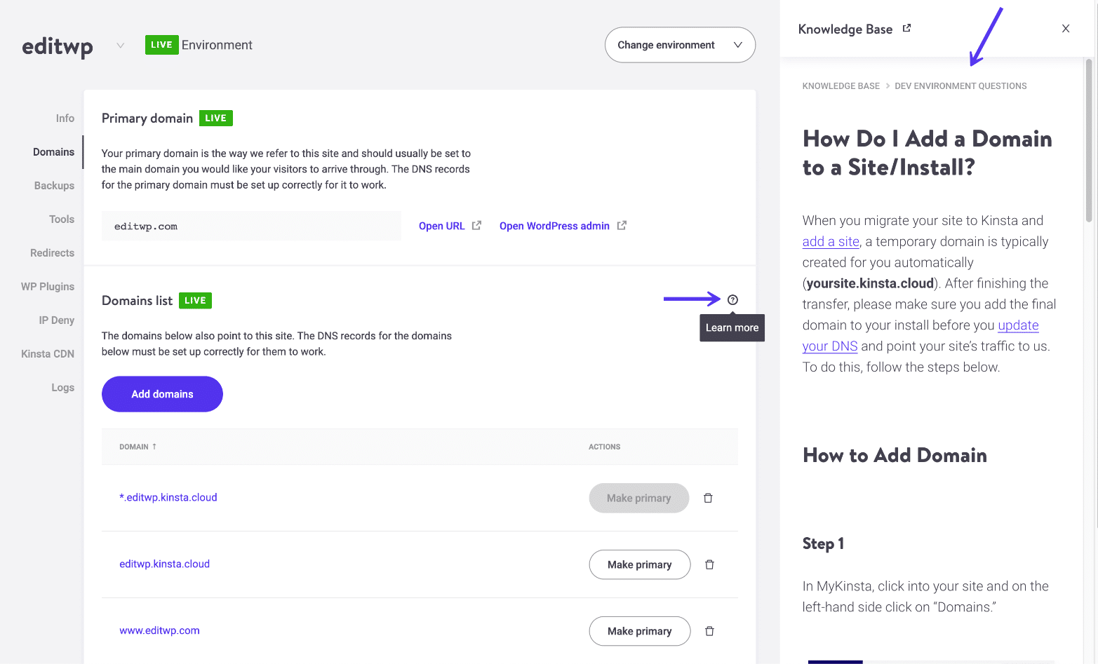 Knowledge base in Mykinsta