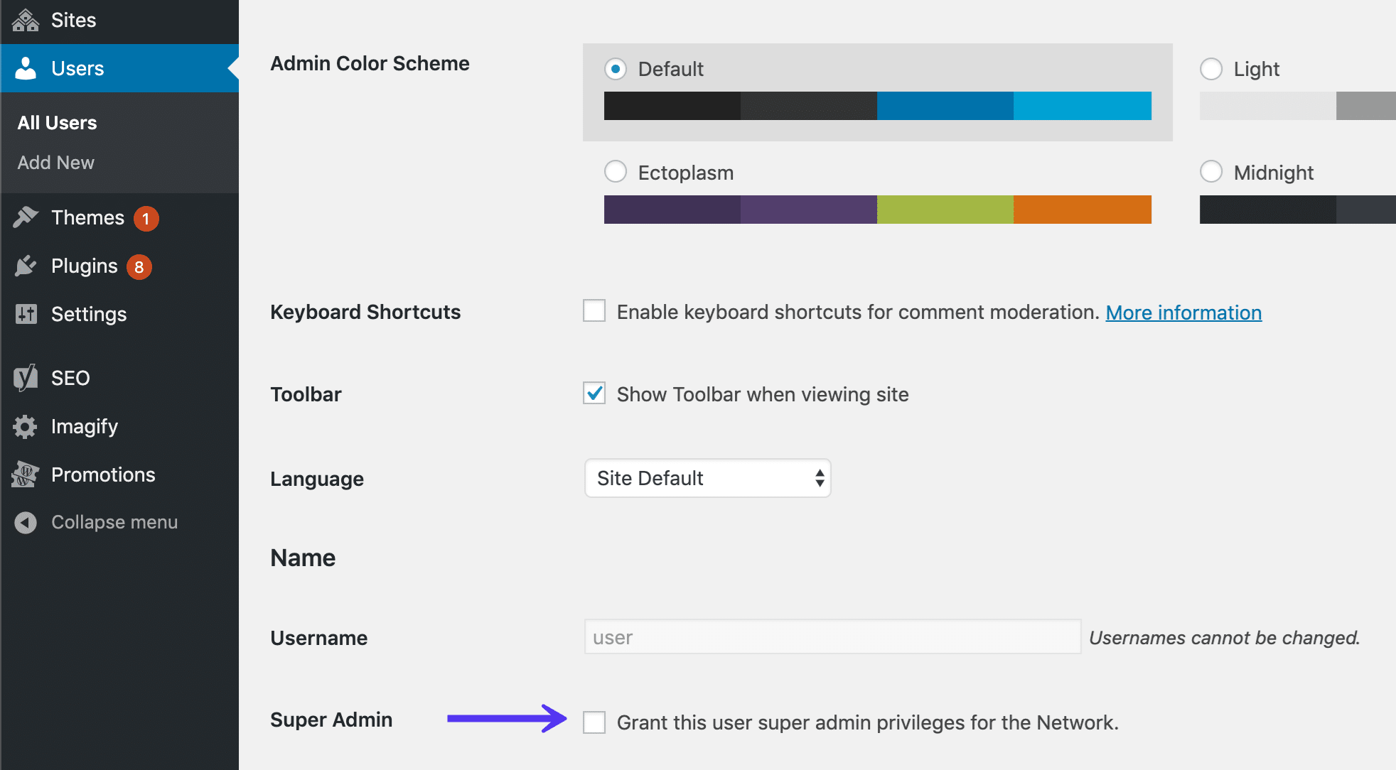 Privilegi di super admin di WordPress multiutente