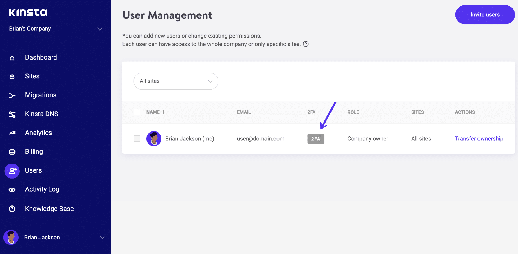 Indicatore 2Fa in MyKinsta