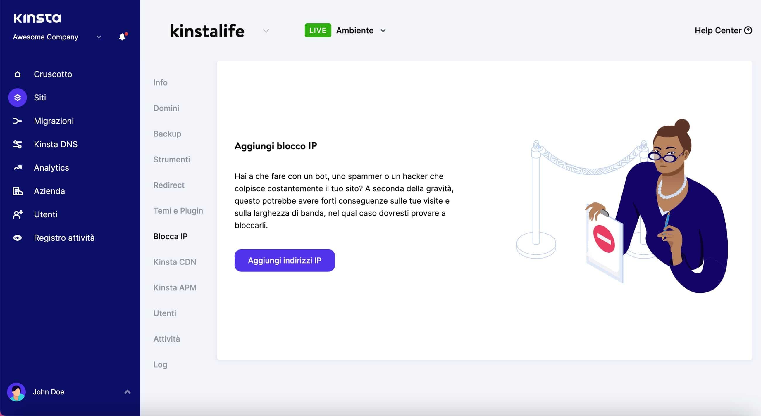 Lo strumento IP Deny in MyKinsta.