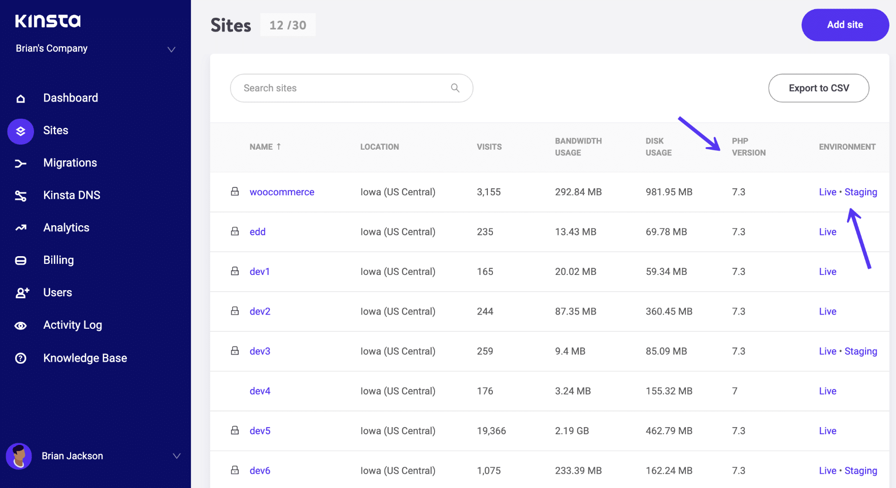 MyKinsta – Versioni PHP e live/staging