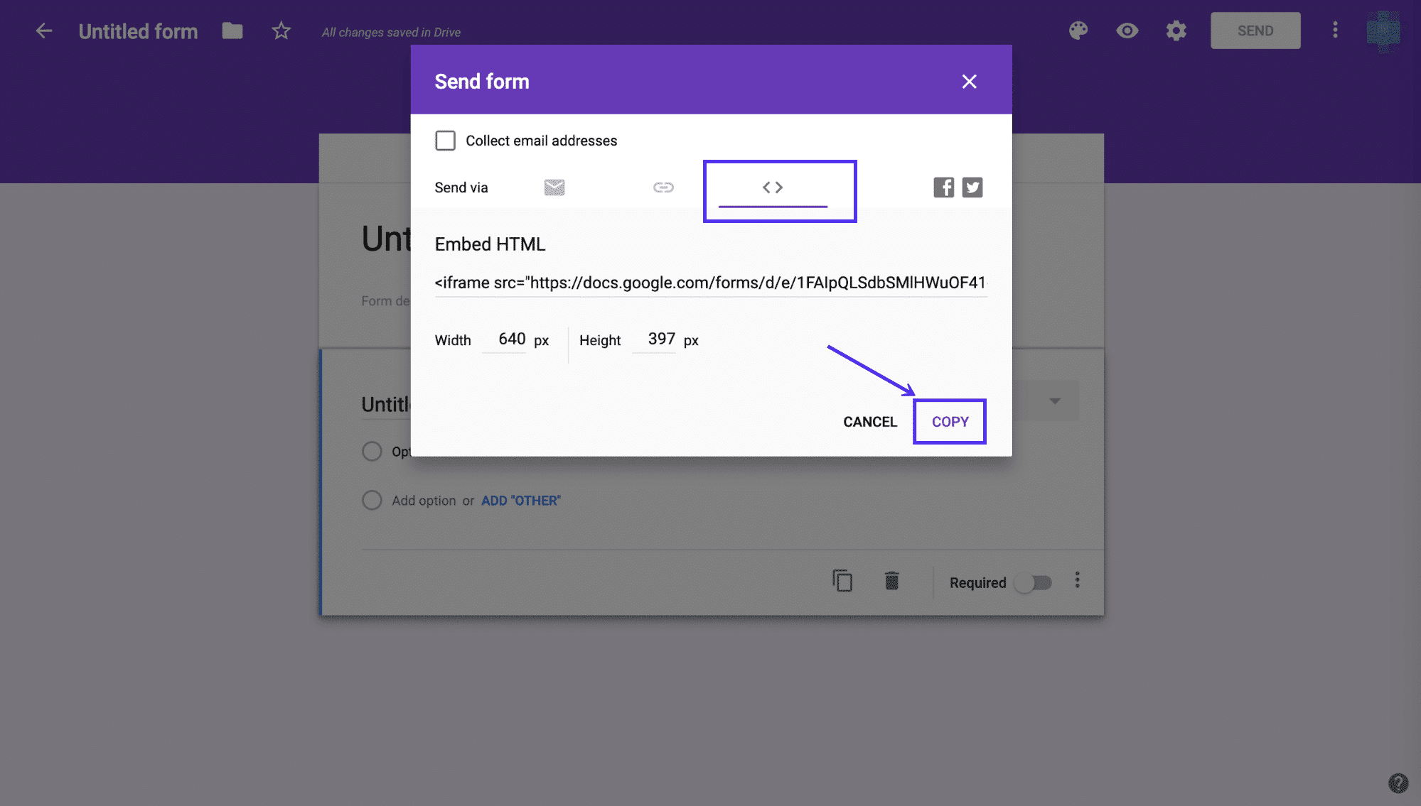 Ottenere il codice embed per il vostro Google Forms