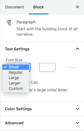 Dimensioni del font nelle impostazioni del testo dell’editor a blocchi
