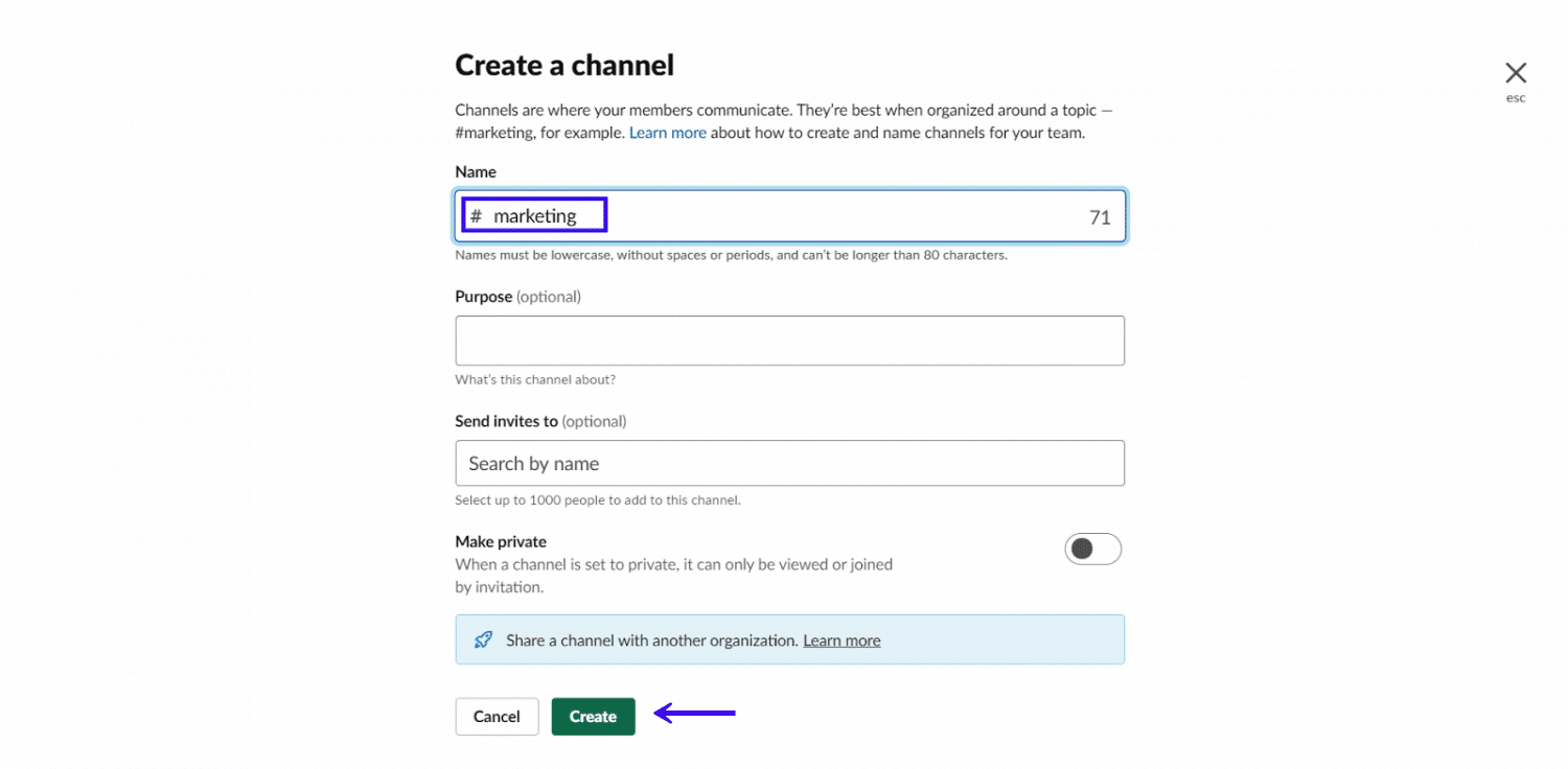 Il menu "Create a Slack channel" (Creazione di un canale in Slack)