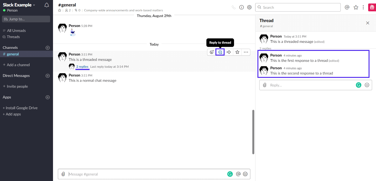 Messaggi delle discussioni in Slack