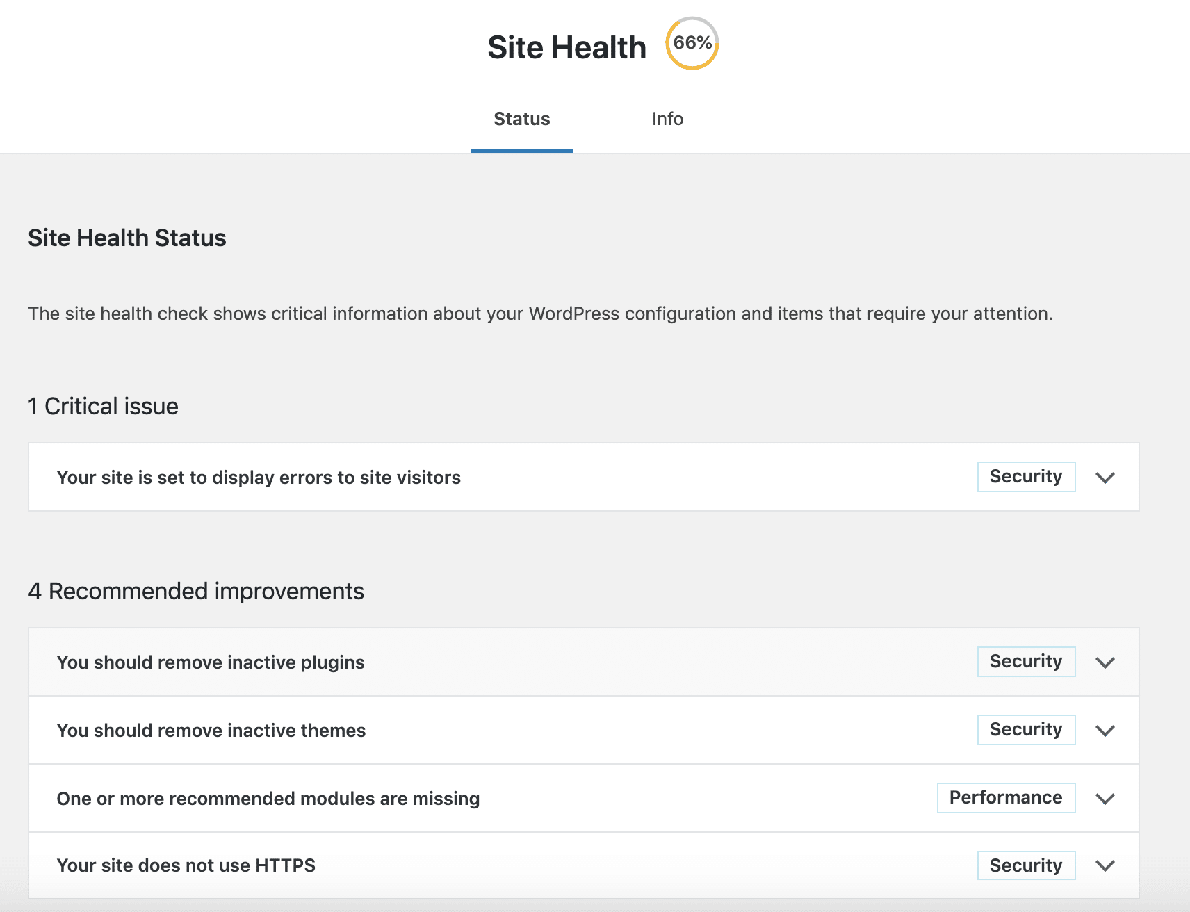 Pagina di stato del Site Health in WordPress 5.2