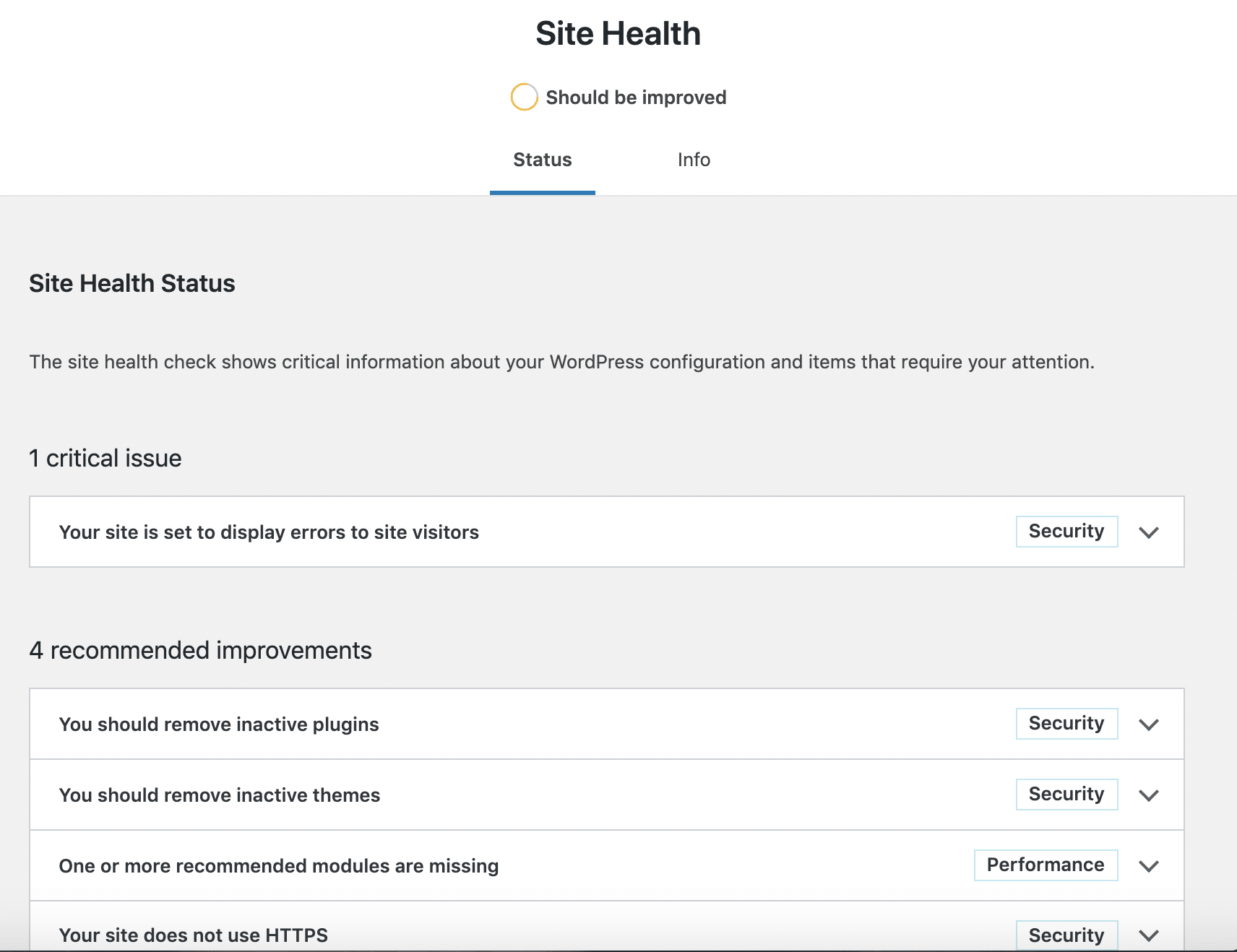 Pagina di stato del Site Health in WordPress 5.3