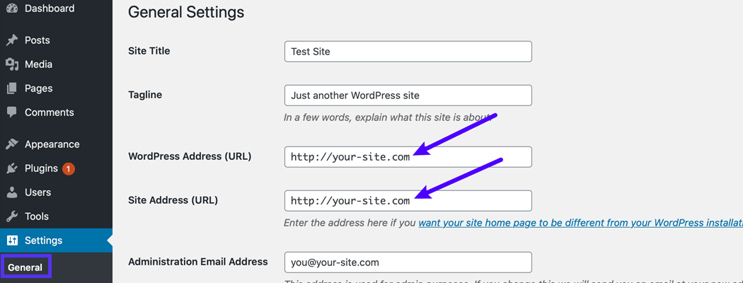 Assicuratevi che gli URL di WordPress corrispondano e siano corretti