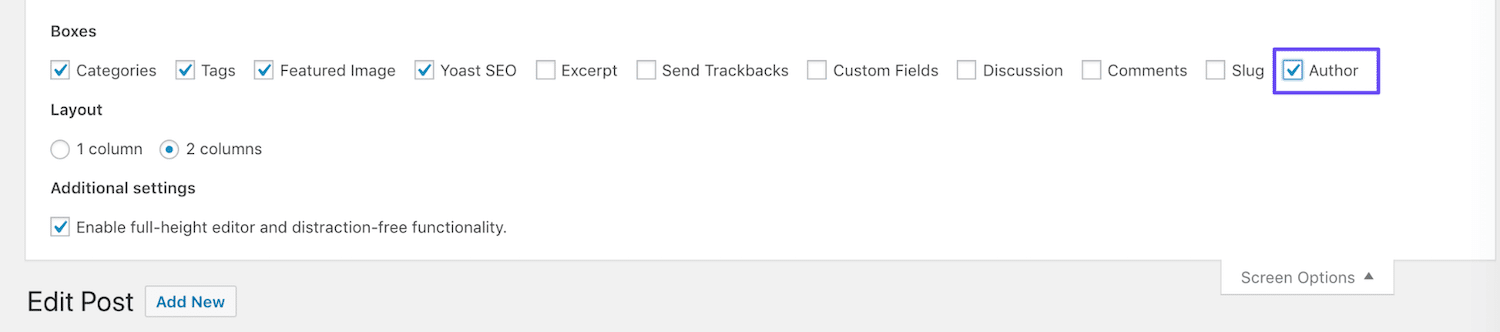Campo Impostazioni Schermata nel menu admin del Classic Editor in cui è selezionata la casella Autore