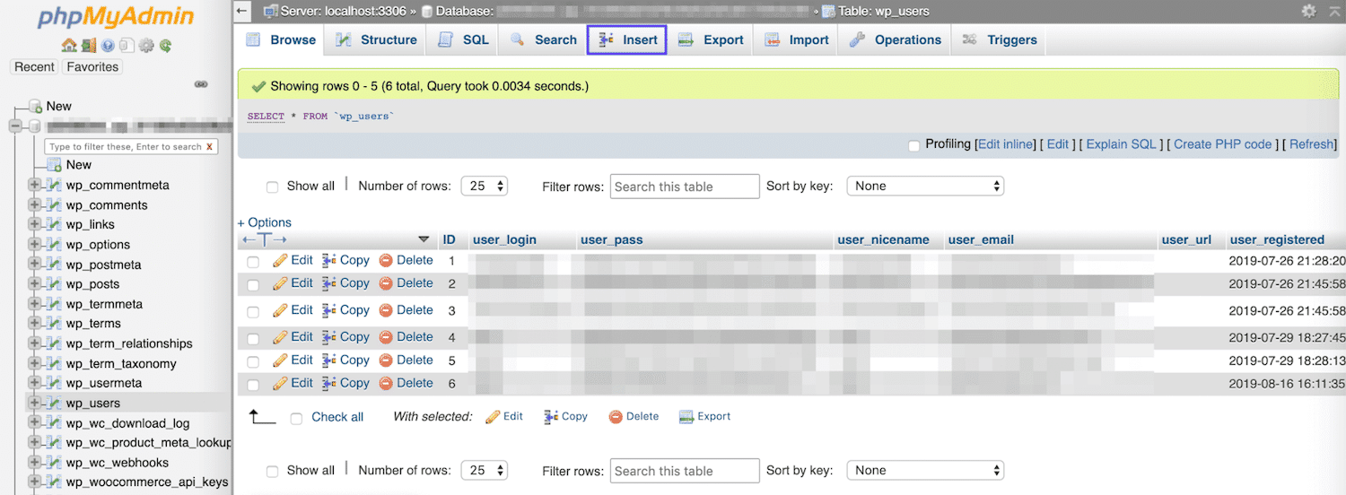 Schermata della scheda Insert in phpMyAdmin da cui accedere alla tabella wp_users