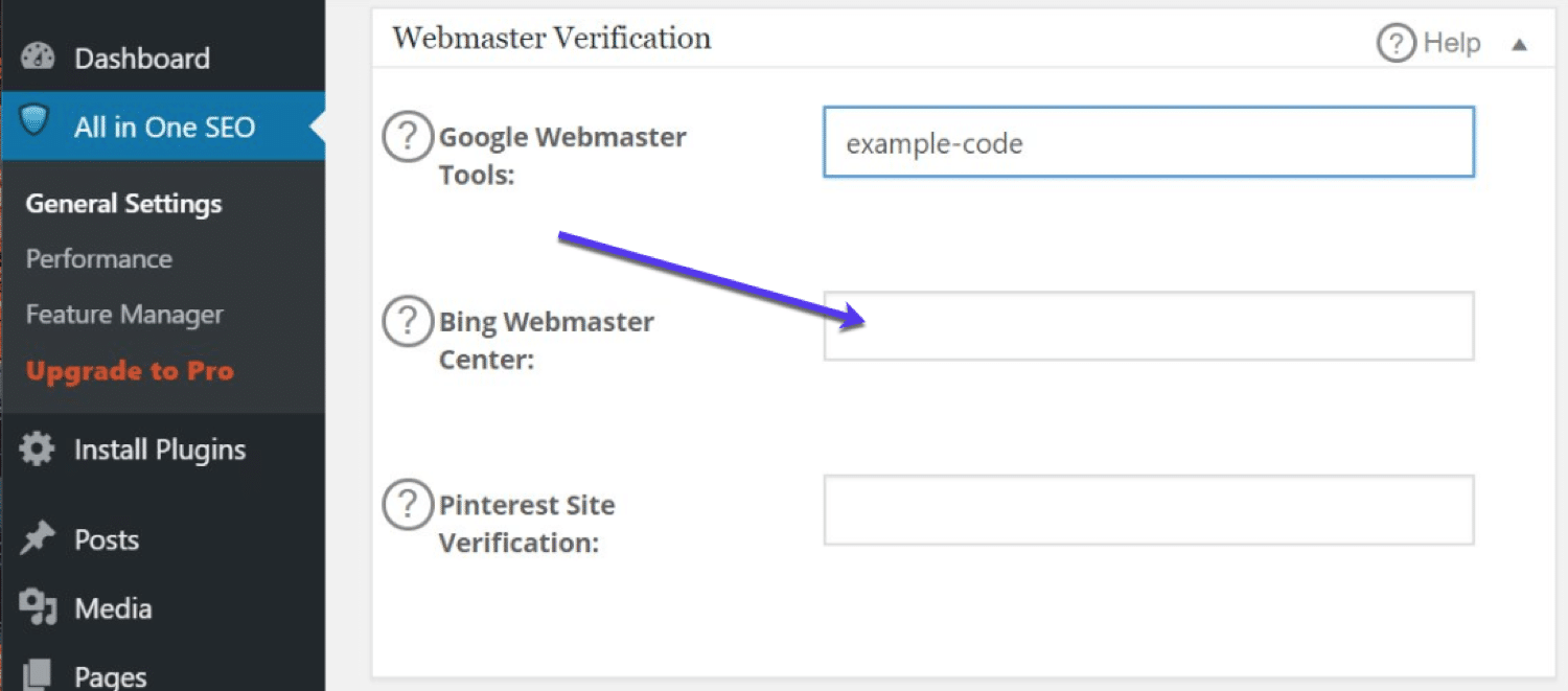 Configurazione All-in-One SEO per Bing Webmaster Tools