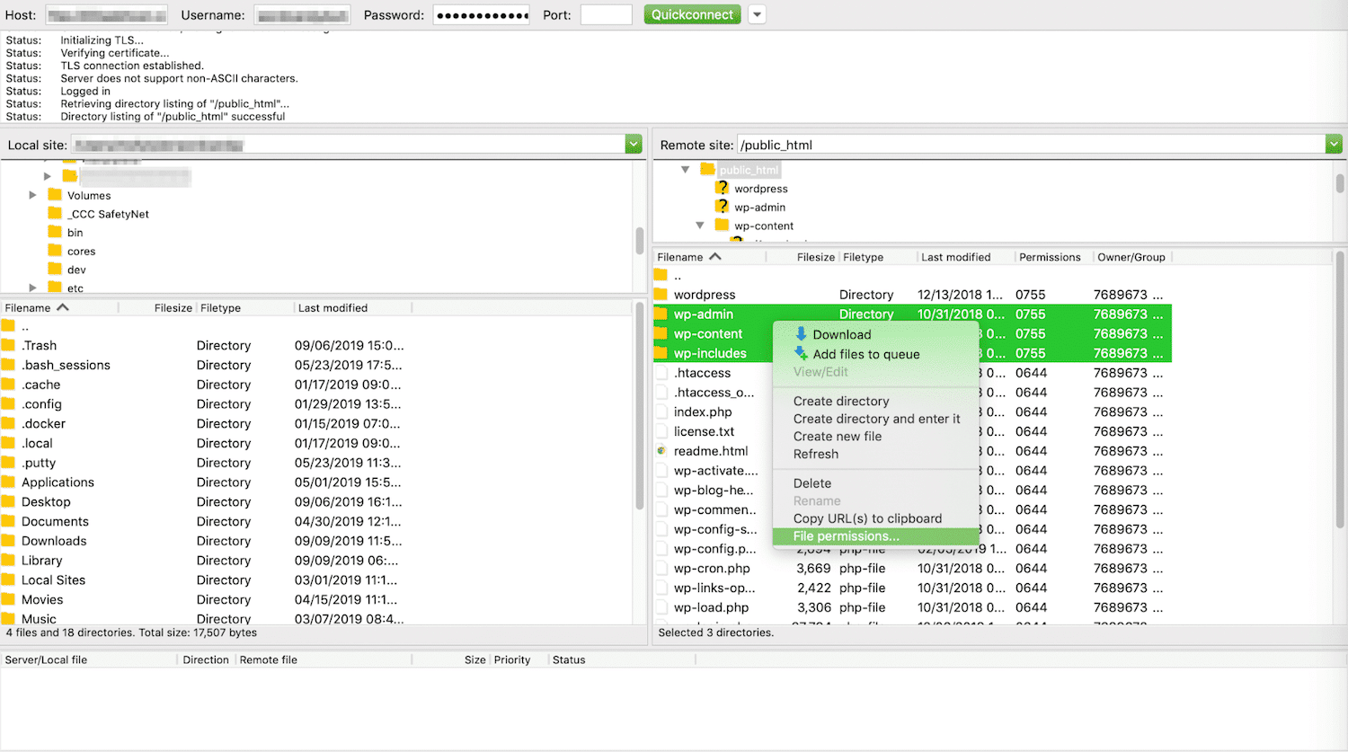 Schermata di un SFTP in cui sono state selezionate le cartelle wp-admin, wp-content e wp-include: nel menu a tendina aperto in loro corrispondenza, è selezionata l’opzione File Permissions per controllare i permessi dei file