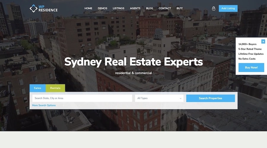 Una demo del tema Residence Real Estate in ThemeForest che mostra come la barra di ricerca è inserita automaticamente nel template