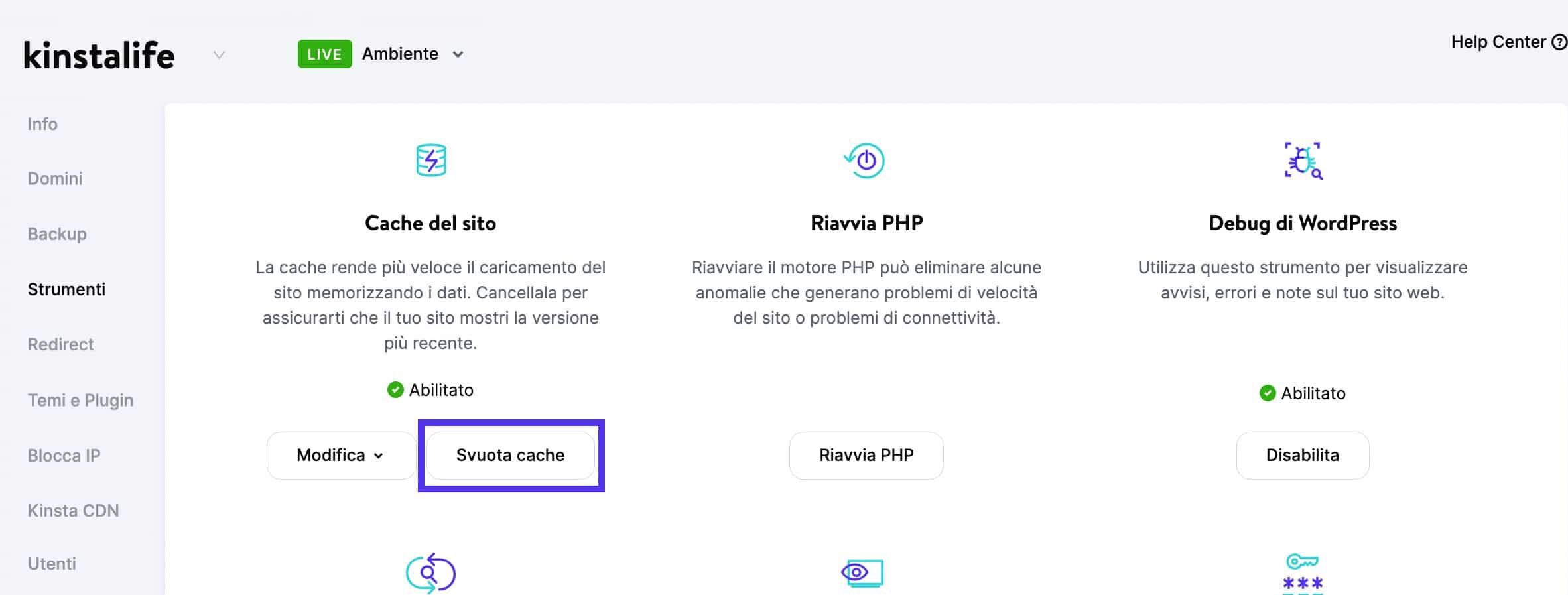 MyKinsta – cancellare la cache