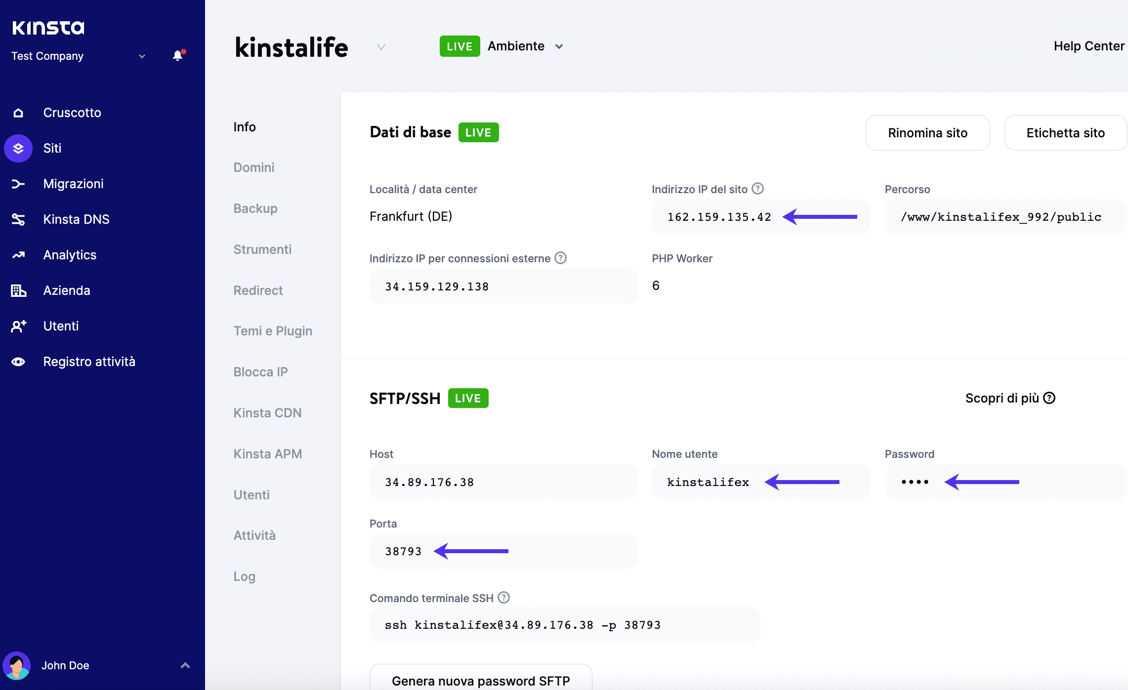 Ottenere i dettagli SFPT in MYKinsta