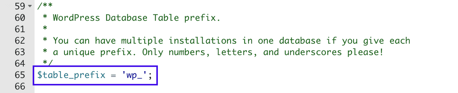 Schermata da un editor di codice in cui è stata evidenziata la stringa del database table_prefix con valore wp_