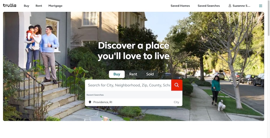 Trulia, come altri siti ad elenchi, posizione un form di ricerca sulla home page.