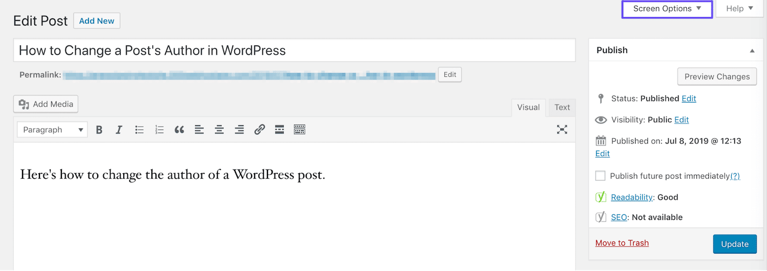 La barra admin del Classic Editor WordPress in cui è evidenziato il pulsante Impostazioni Schermata