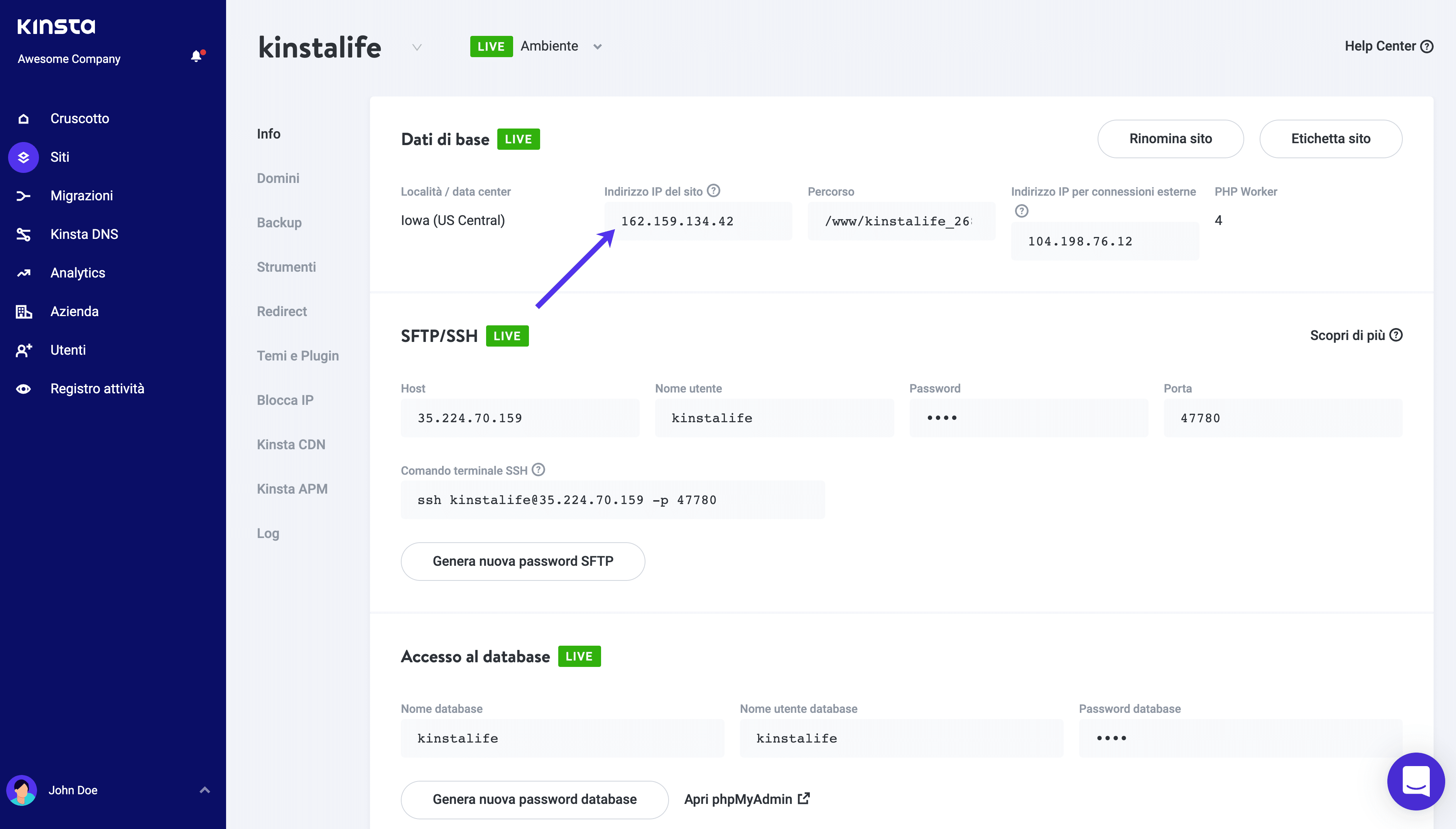 Indirizzo IP del sito MyKinsta.