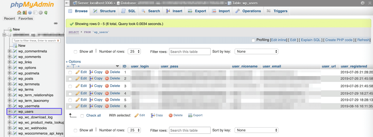 Schermata di phpMyAdmin da cui accedere alla tabella wp_users in