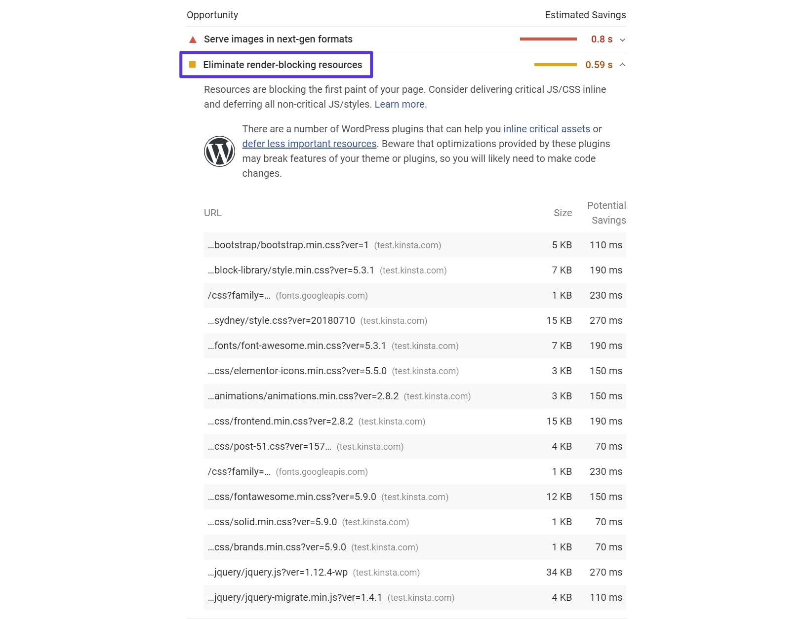 Il messaggio Elimina le risorse di blocco della visualizzazione in PageSpeed Insights