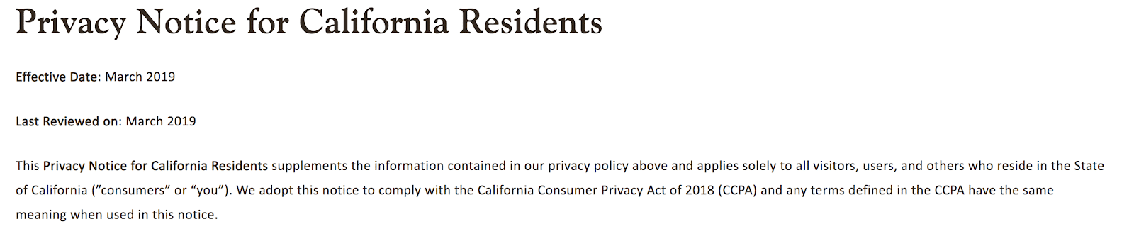 Notifica sulla privacy specifica della California