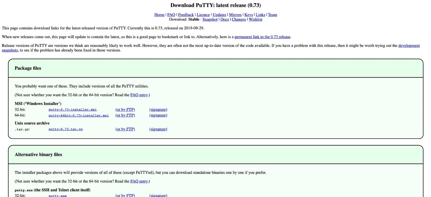La pagina di download di PuTTY