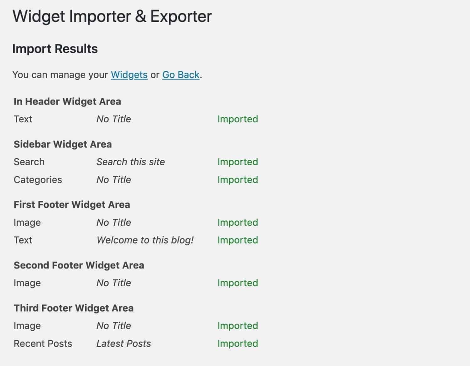 Widget Import Results