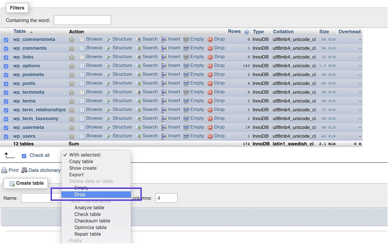 Tabelle del database - Drop