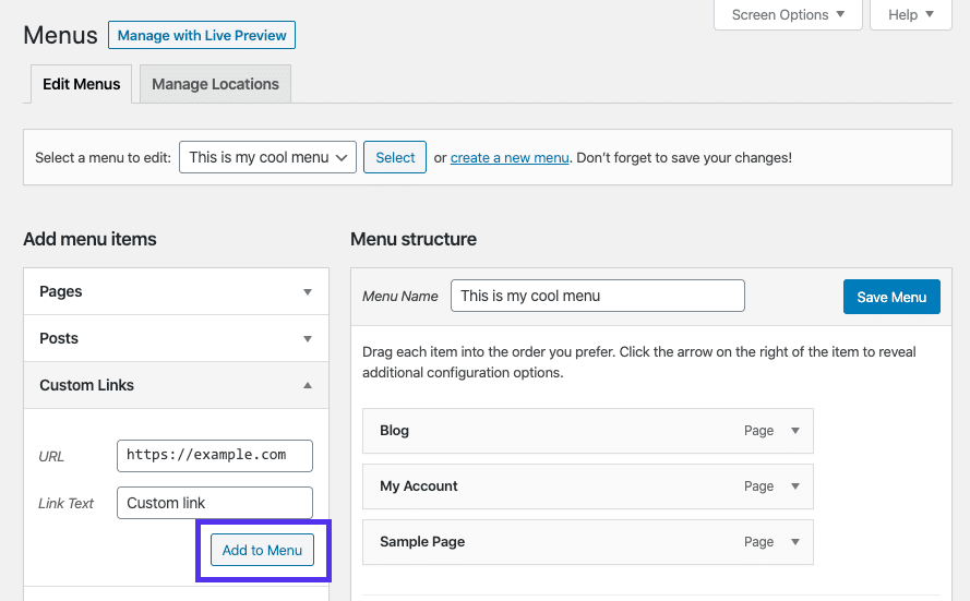 Aggiungere un link personalizzato al menu