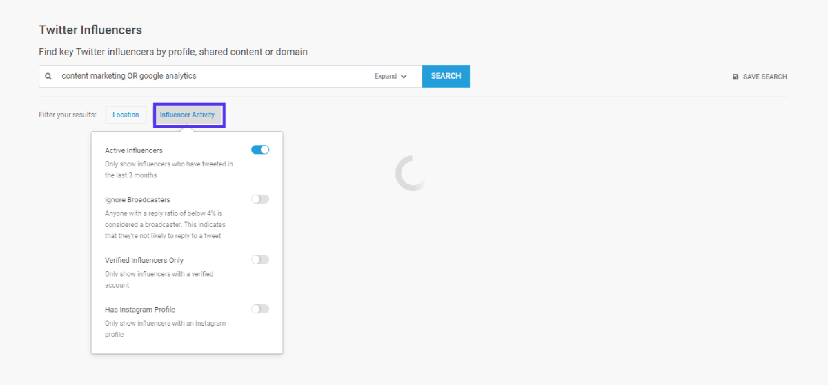 Activity Filter di BuzzSumo