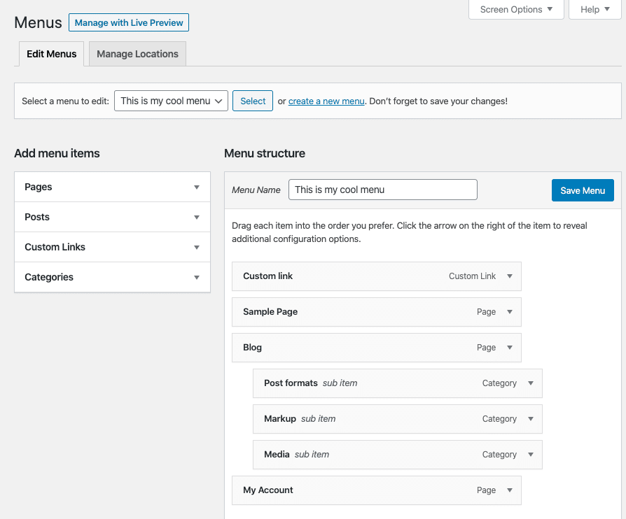 Categorie di nidificazione sotto la pagina del Blog