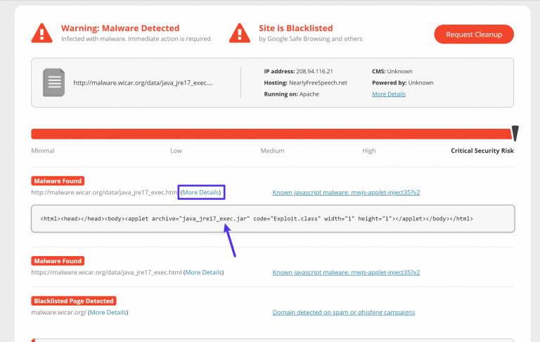 Schermata con i dettagli sul malware in Sucuri SiteCheck