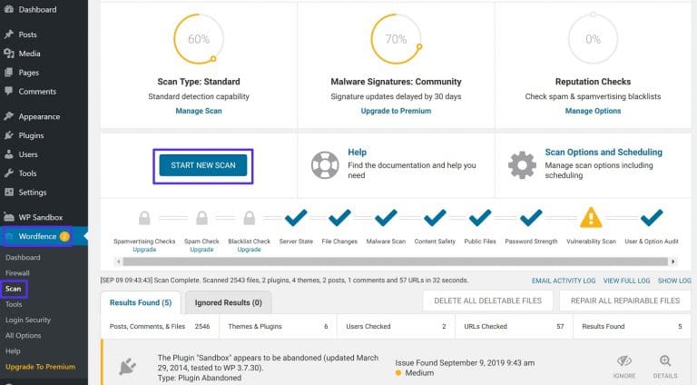 Schermata della scheda Scan di Wordfence con una scansione malware