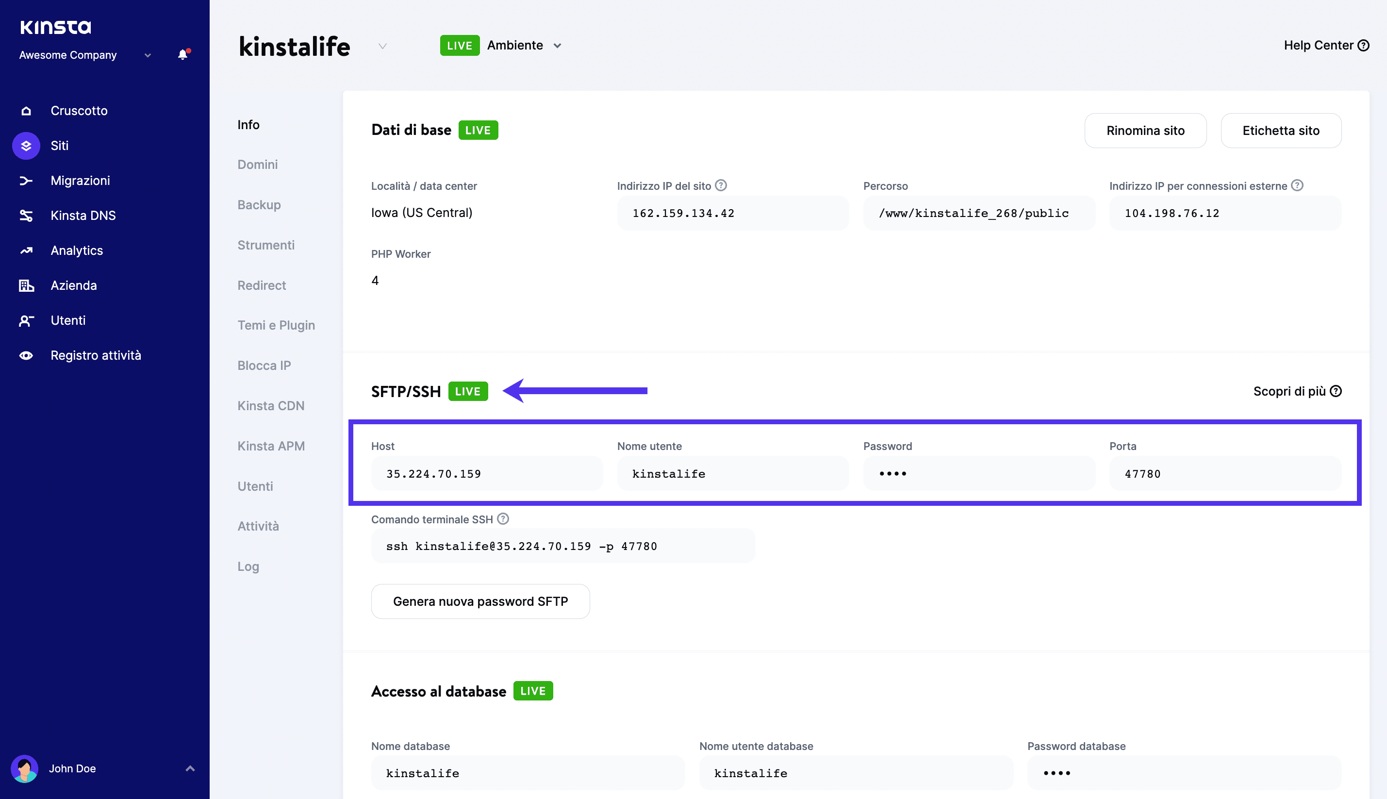 Dati SFTP su Kinsta.