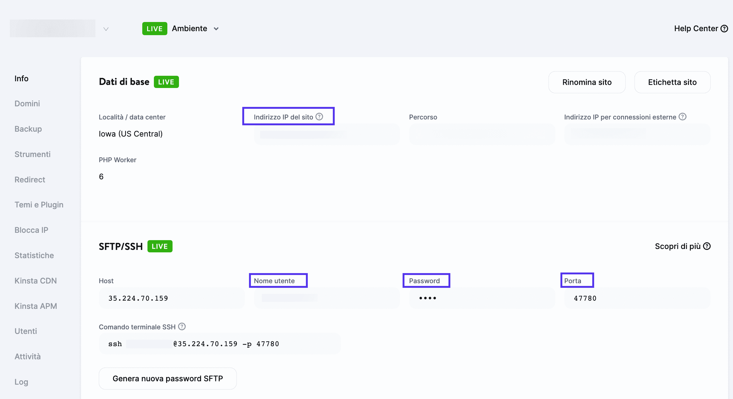 Accesso alle credenziali FTP del sito in MyKinsta