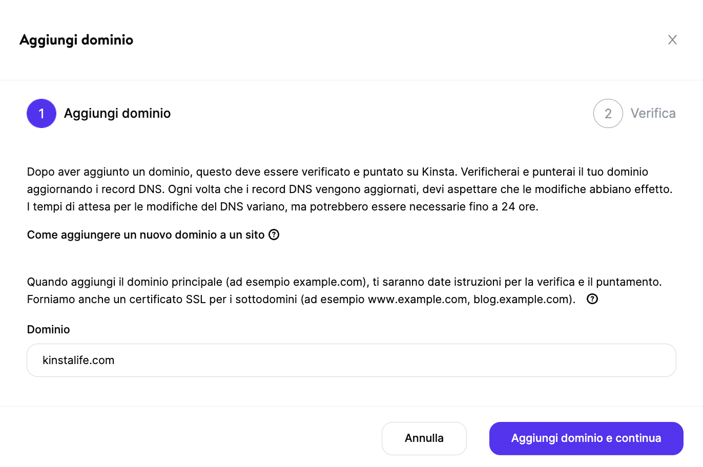 Aggiungere il dominio del sito principale in MyKinsta.