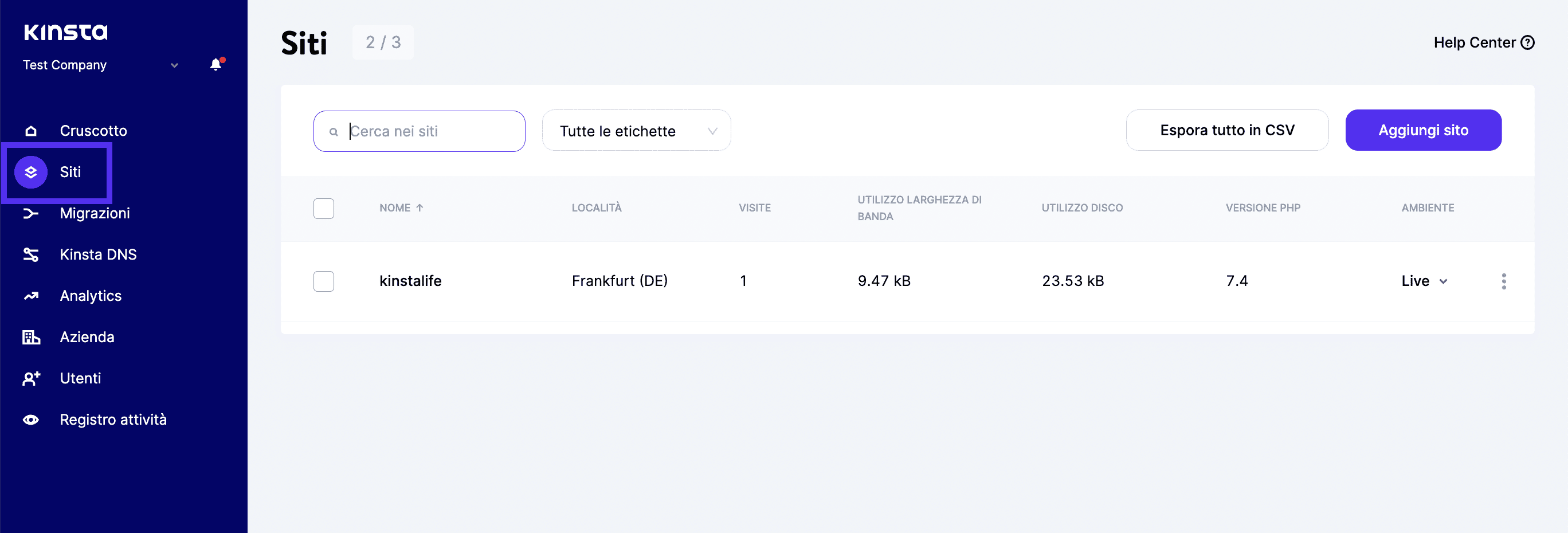 Selezionate il vostro sito dall'elenco di MyKinsta.