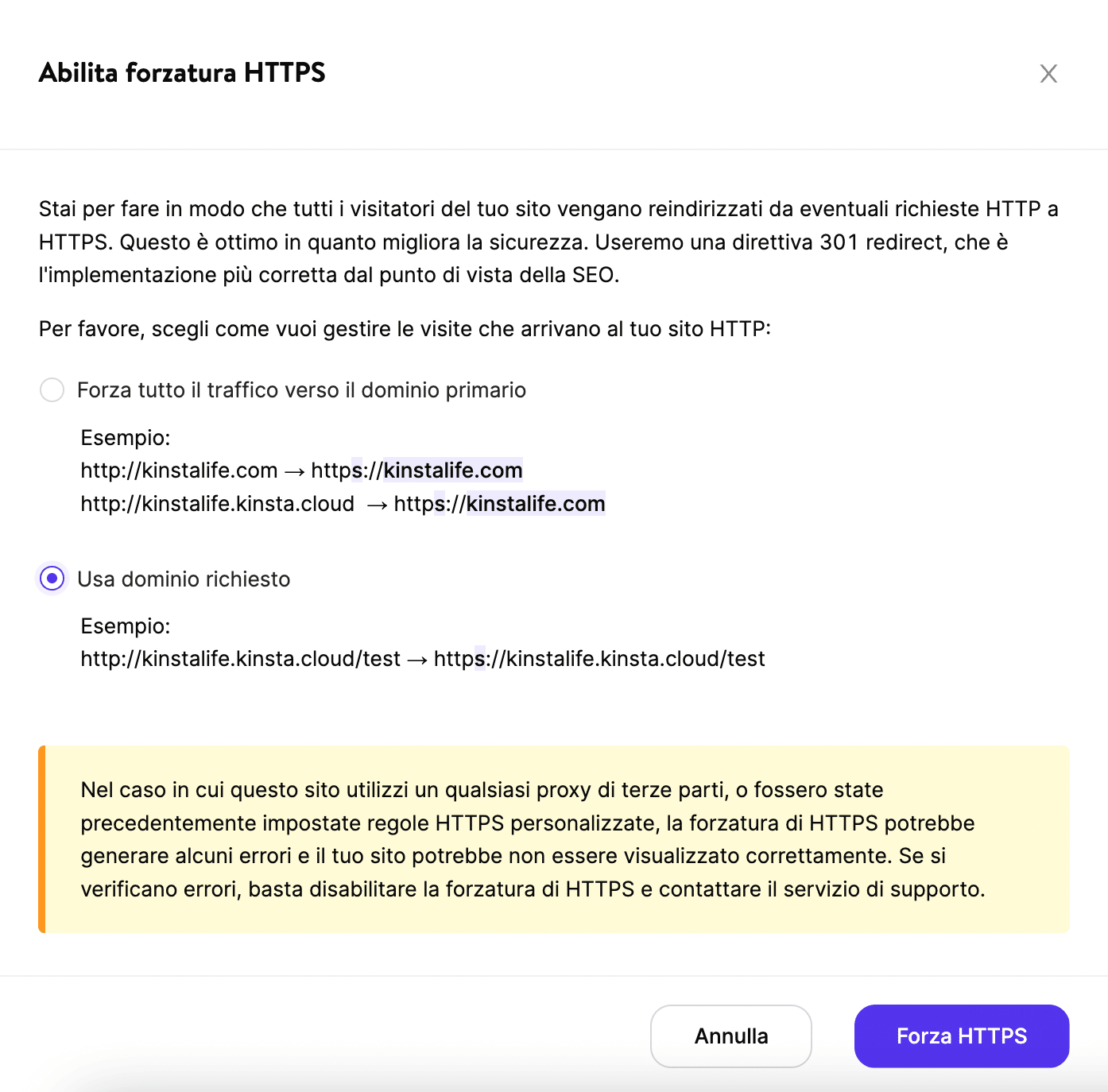 Abilitare lo strumento Forza HTTPS in MyKinsta.