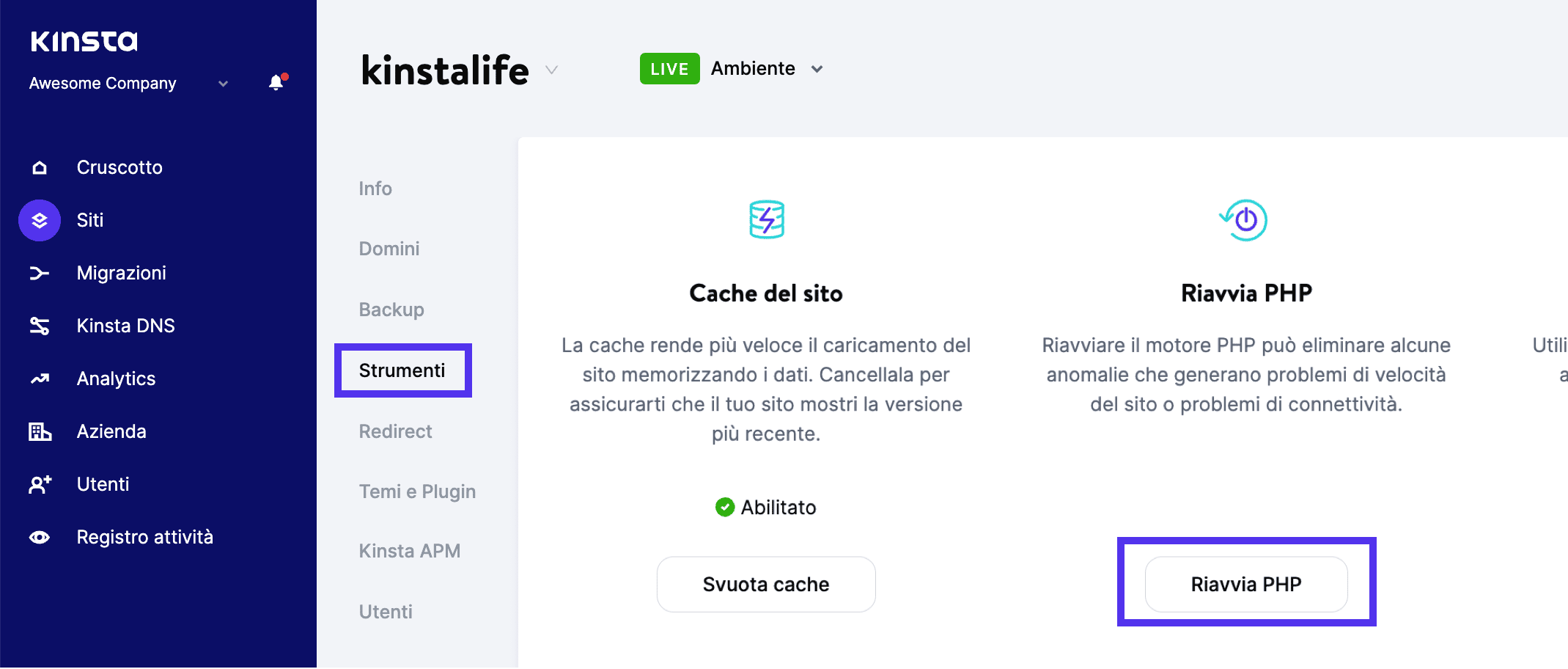 Potete riavviare PHP nel pannello di controllo di MyKinsta.