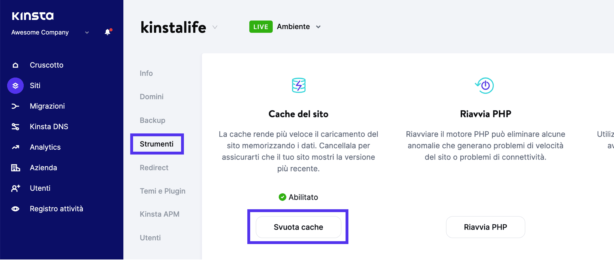 Potete svuotare la cache del vostro sito in MyKinsta.