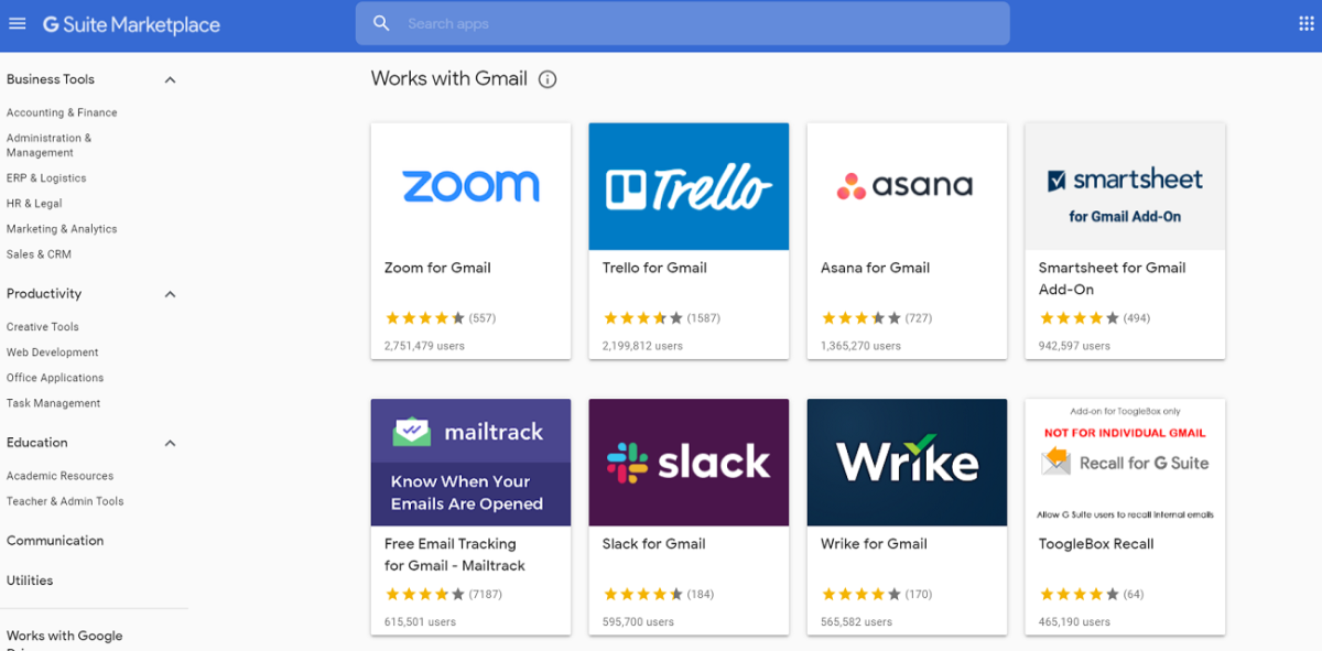 Pagina dei componenti aggiuntivi di Gmail nel Marketplace di G Suite