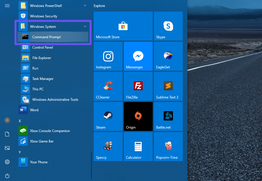 Apertura del prompt dei comandi dal menu Avvio di Windows